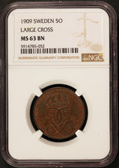1909 Sweden 5 Ore Large Cross Bronze Coin - NGC MS 63 BN - KM# 779.2