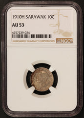 1910-H Sarawak 10 Cents Silver Coin - NGC AU 53 - KM# 9