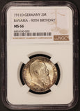 1911-D Germany Bavaria 90th Birthday 2 Mark Silver Coin - NGC MS 66 - KM# 997