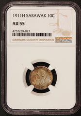 1911-H Sarawak 10 Cents Silver Coin - NGC AU 55 - KM# 9
