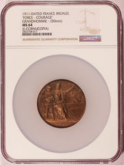 1911 France Pro Patria Military 50mm Bronze Medal by Grandhomme - NGC MS 64