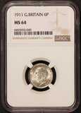1911 Great Britain 6 Six Pence Silver Coin - NGC MS 64 - KM# 815