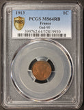 1913 France 1 One Centime Bronze Coin - PCGS MS 64 RB - KM# 840