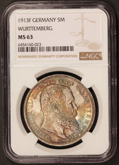 1913-F Germany Wurttemberg 5 Mark Silver Coin - NGC MS 63 - KM# 632