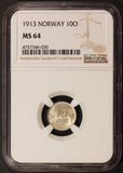 1913 Norway 10 Ore Silver Coin - NGC MS 64 - KM# 372