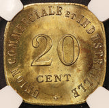 1917 France Vincennes 20 Centimes Brass Notgeld Coin - NGC MS 64