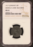 1917 Germany Eberfeld 10 Pfennig Iron Notgeld Coin Lamb-106.5 - NGC MS 61