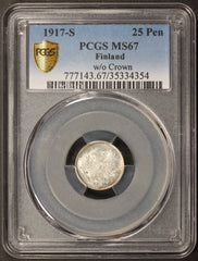 1917-S Finland 25 Pennia Silver Coin - PCGS MS 67 - KM# 19
