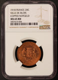 1918 France Ville De Blois 20 Centimes Copper Notgeld Coin - NGC MS 65 RD