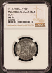 1918 Germany Munsterberg 50 Pfennig Iron Notgeld Coin Lamb-340.4 - NGC MS 64