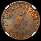 1919 Germany Stadt Sinzig 5 Pfennig Zinc Notgeld Coin Lamb-487.1 - NGC MS 63