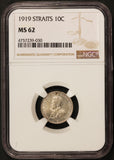 1919 Straits Settlements 10 Cents Silver Coin - NGC MS 62 - KM# 29a