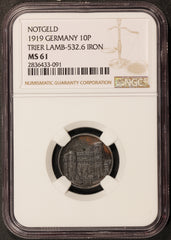 1919 Germany Trier 10 Pfennig Iron Notgeld Coin Lamb-532.6 - NGC MS 61