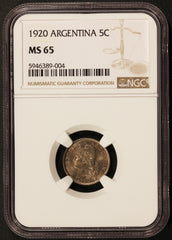 1920 Argentina 5 Centavos Coin - NGC MS 65 - KM# 34