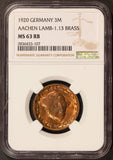 1920 Germany Aachen 3 Mark Brass Notgeld Coin Lamb-1.13 - NGC MS 63 RB
