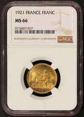 1921 France 1 One Franc Aluminum-Bronze Coin - NGC MS 66 - KM# 876