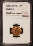 1922 Great Britain 1/4 Penny Farthing Coin - NGC MS 66 RB - KM# 808.2