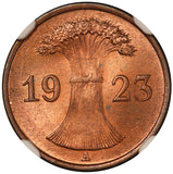 1923-A Germany 1 Rentenpfennig Bronze Coin - NGC MS 64 RB - KM# 30