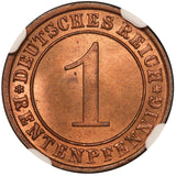 1923-A Germany 1 Rentenpfennig Bronze Coin - NGC MS 64 RB - KM# 30