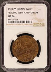 1923 Reading PA Pennsylvania 175th Ann. 32mm Bronze Town Medal - NGC MS 66