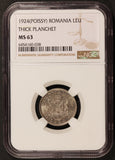 1924 (Poissy) Romania Leu Thick Planchet Coin - NGC MS 63 - KM# 46