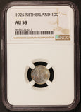 1925 Netherlands 10 Cents Silver Coin - NGC AU 58 - KM# 145