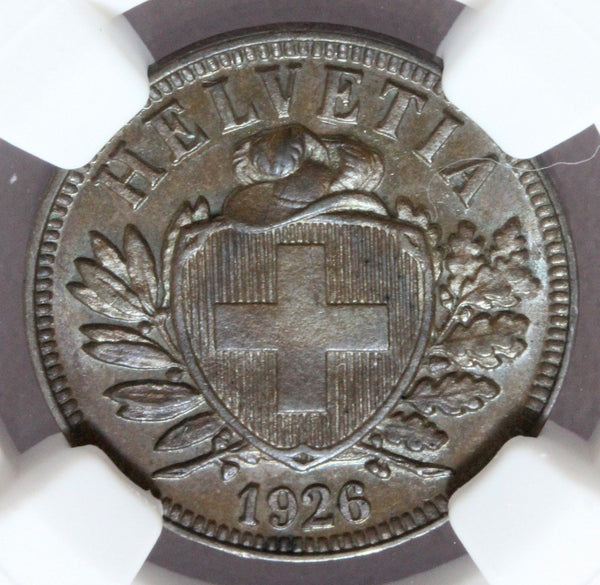 1926-B Switzerland 2 Rappen Bronze Coin - NGC MS 63 BN - KM# 4.2
