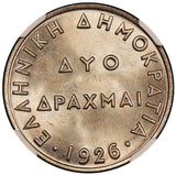 1926 Greece 2 Drachmai Coin - NGC MS 64 - KM# 70