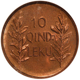 1926-R Albania 10 Qindar Leku Bronze Coin - NGC MS 65 RB - KM# 2