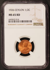 1926 Ceylon 1/2 Cent Copper Coin - NGC MS 65 RD - KM# 106