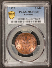1927 Palestine 2 Two Mils Bronze Coin - PCGS MS 64 RB - KM# 2