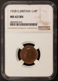 1928 Great Britain Farthing Bronze Coin - NGC MS 63 BN - KM# 825