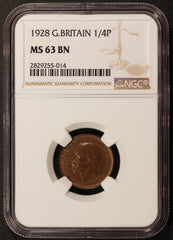 1928 Great Britain Farthing Bronze Coin - NGC MS 63 BN - KM# 825