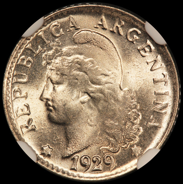 1929 Argentina 5 Centavos Coin - NGC MS 65+ KM# 34