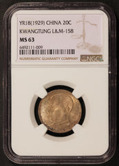 1929 (Year 18) China Kwangtung 20 Cents Silver Coin L&M-158 - NGC MS 63 - Y# 426