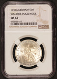 1930-A Germany Vogelweide 3 Mark Silver Coin - NGC MS 64 - KM# 69