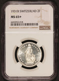1931-B Switzerland 2 Francs Silver Coin - NGC MS 65+ KM# 21