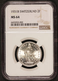 1931-B Switzerland 2 Francs Silver Coin - NGC MS 64 - KM# 21