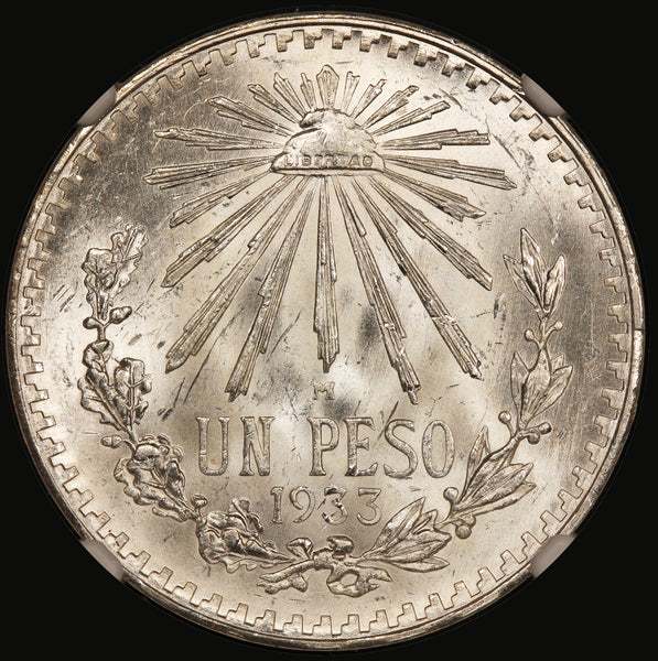 1933-M Mexico 1 Un Peso Silver Coin - NGC MS 64 - KM# 455