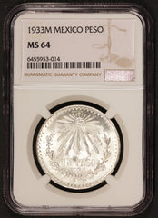 1933-M Mexico 1 Un Peso Silver Coin - NGC MS 64 - KM# 455