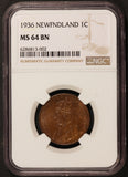 1936 Canada Newfoundland Large 1 One Cent Coin - NGC MS 64 BN - KM# 16