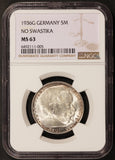 1936-G Germany 5 Mark Reichsmark Silver Coin - NGC MS 63 - KM# 86
