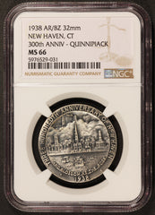 1938 New Haven CT Quinnipiack 300th Anniversary Silvered Bronze Medal - NGC MS 66