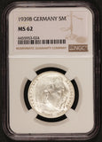 1939-B Germany 5 Reichsmark Hindenburg Silver Coin - NGC MS 62 - KM# 94
