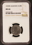1939-R Albania 0.20 Lek Stainless Steel Coin - NGC MS 66 - KM# 29 - TOP POP