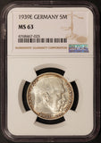 1939-E Germany 5 Reichsmark Hindenburg Silver Coin - NGC MS 63 - KM# 94