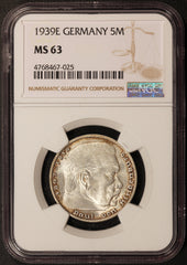 1939-E Germany 5 Reichsmark Hindenburg Silver Coin - NGC MS 63 - KM# 94