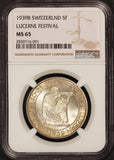 1939-B Switzerland Lucerne Swiss Shooting Fest Silver 5 Francs Medal - NGC MS 65 - X# S20