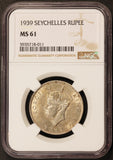 1939 Seychelles 1 One Rupee Silver Coin - NGC MS 61 - KM# 4