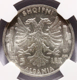 1939-R Albania 5 Lek Silver Coin - NGC AU 58 - KM# 33